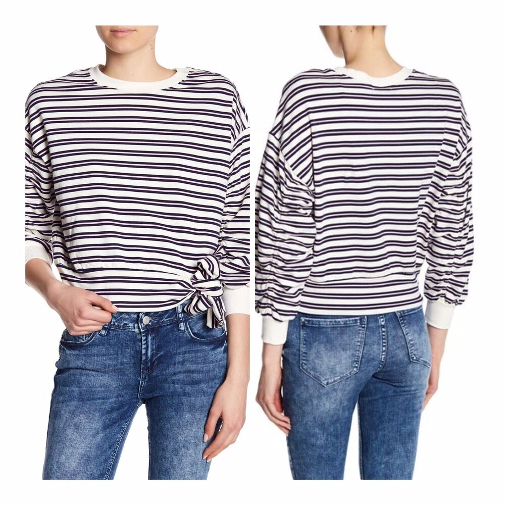 Kensie Striped Shirred 3/4 Sleeve White Navy Pink Sweatshirt Top Size Small